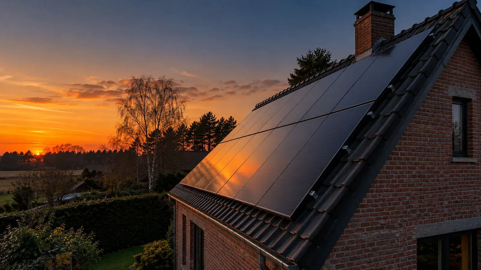 Zwarte zonnepanelen op het pannendak van een bakstenen woning, bij zonsondergang